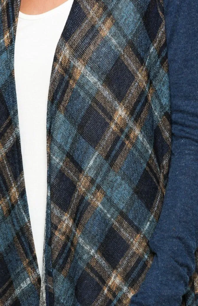 Color Block Plaid Open Cardigan ~ Blue