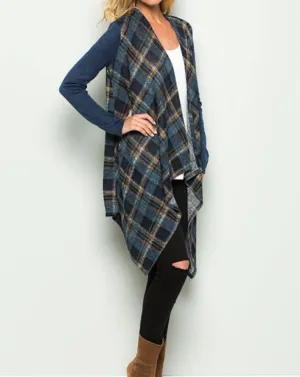 Color Block Plaid Open Cardigan ~ Blue