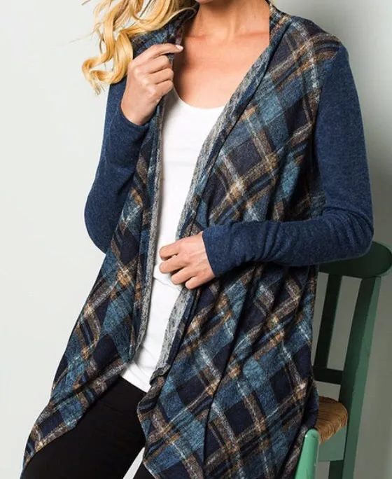 Color Block Plaid Open Cardigan ~ Blue