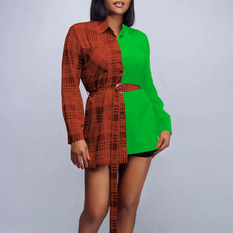Colorblock Plaid Pattern Long Sleeve Blouse