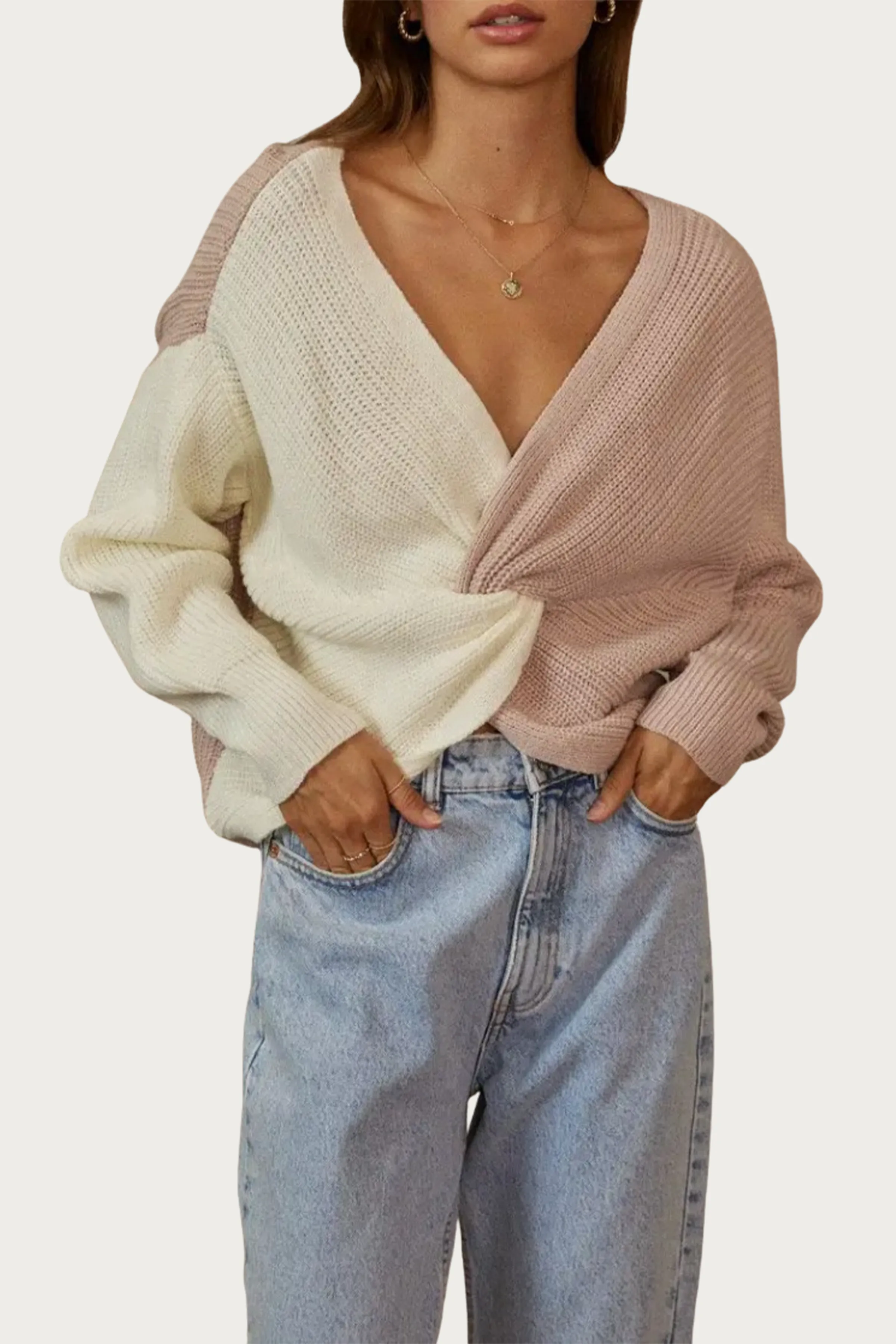 COLORBLOCKED CROPPED TWISTED RIBBED-KNIT SWEATER