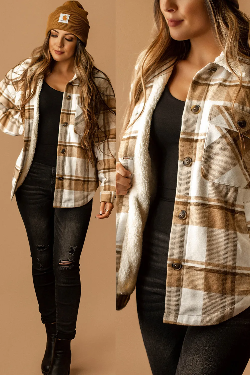 Conway Sherpa Lined Plaid Shacket (Black   White)