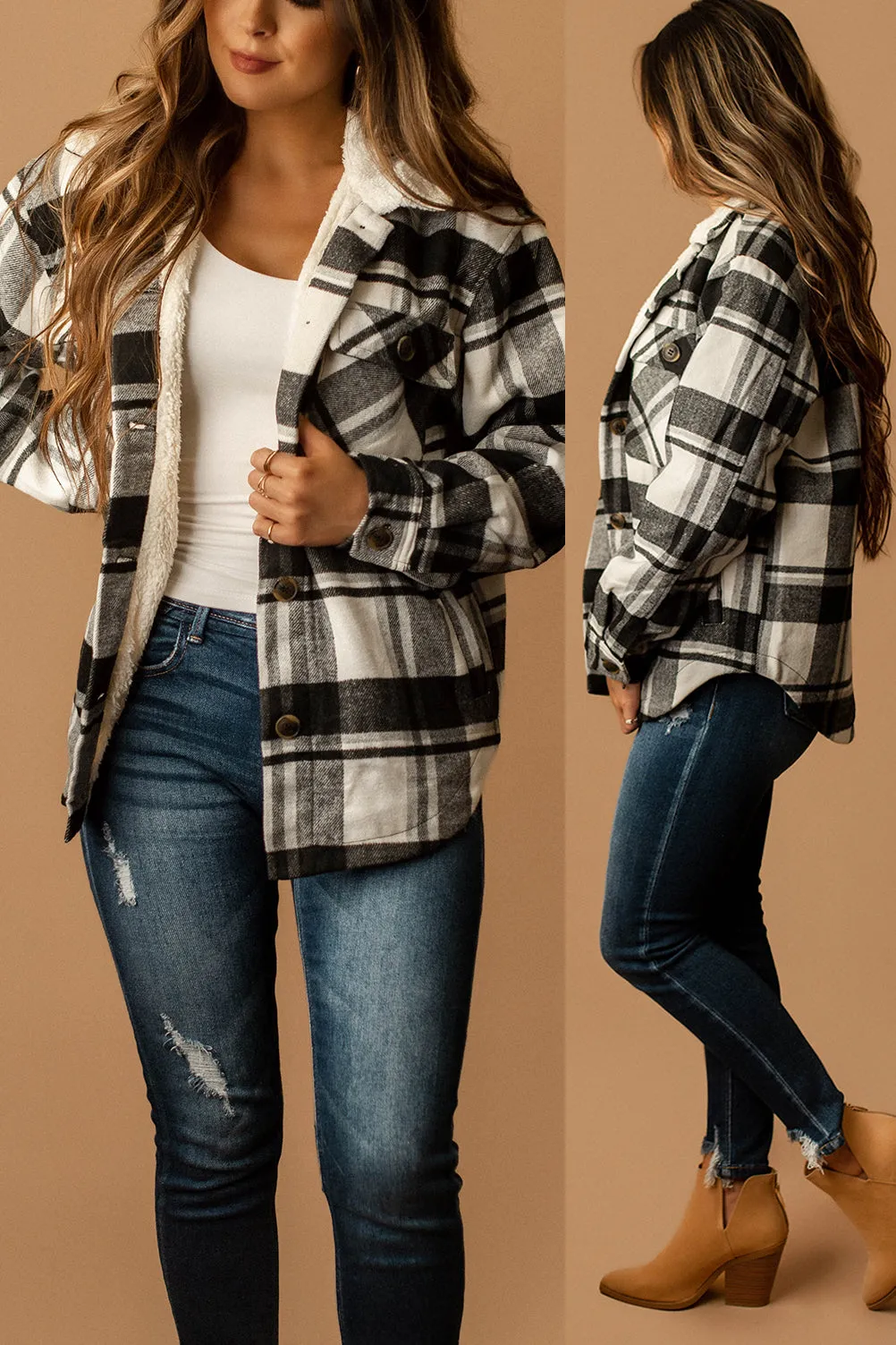 Conway Sherpa Lined Plaid Shacket (Black   White)