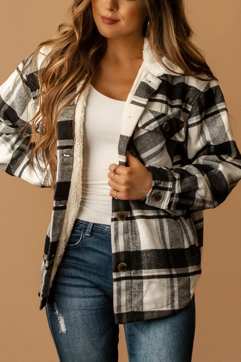 Conway Sherpa Lined Plaid Shacket (Black   White)