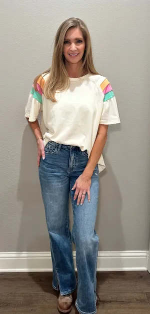 Cream Flutter Sleeve Top w/ Colorful Sleeve Accents