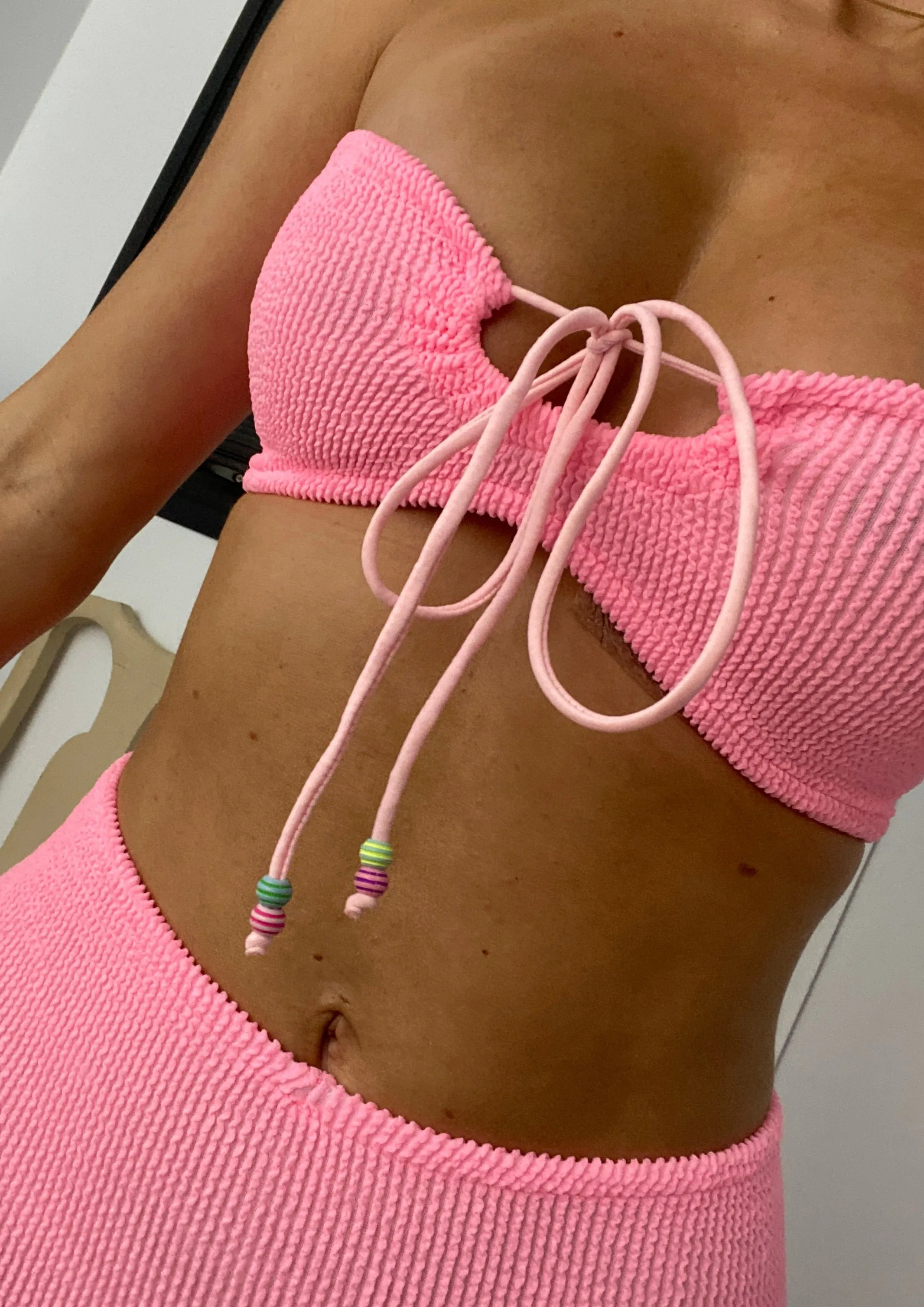 Crinkle Beaded Bra Top & Micro Shorts Co-Ord in Bubblegum Pink