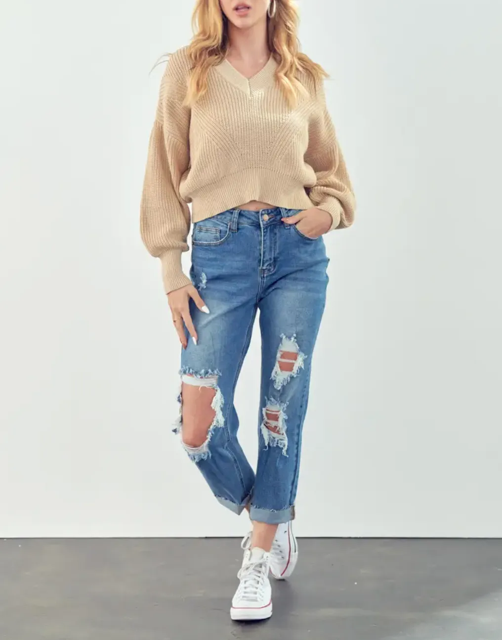 CROPPED RIBBED-KNIT SWEATER