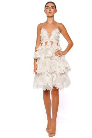 Crush Tiered Ivory Ruffled Lace Mini Dress