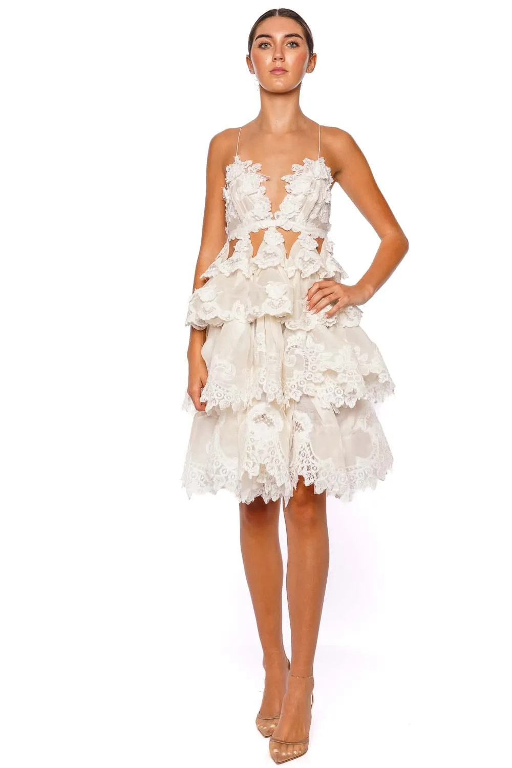 Crush Tiered Ivory Ruffled Lace Mini Dress