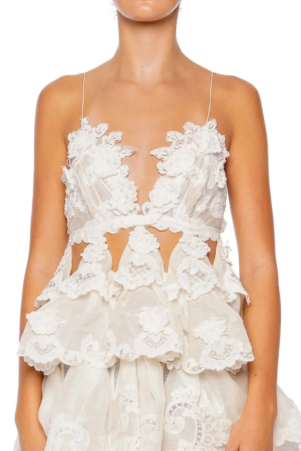 Crush Tiered Ivory Ruffled Lace Mini Dress