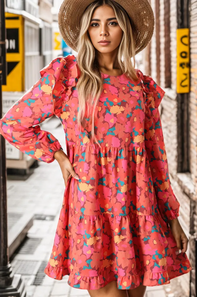 Crystal Printed Ruffle Trim Balloon Sleeve Tiered Dress