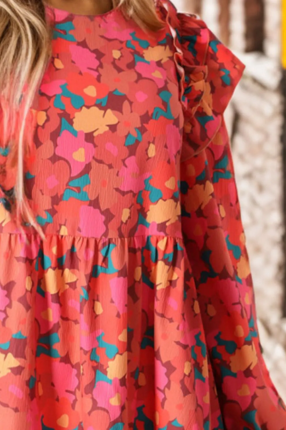 Crystal Printed Ruffle Trim Balloon Sleeve Tiered Dress
