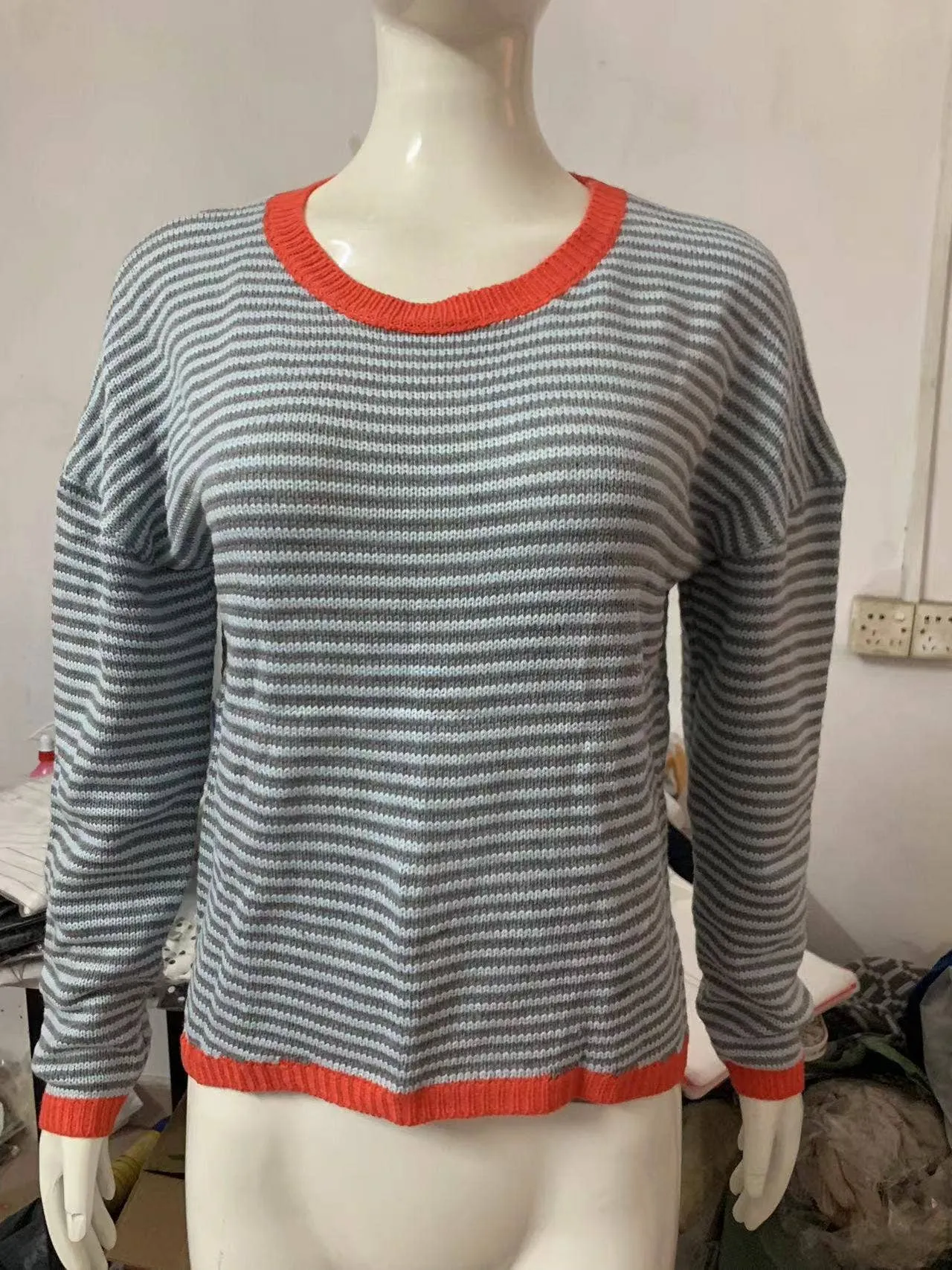 CWOSWL0811_ Long Sleeve Loose Neck Pullover Sweater: GREY / (S) 1