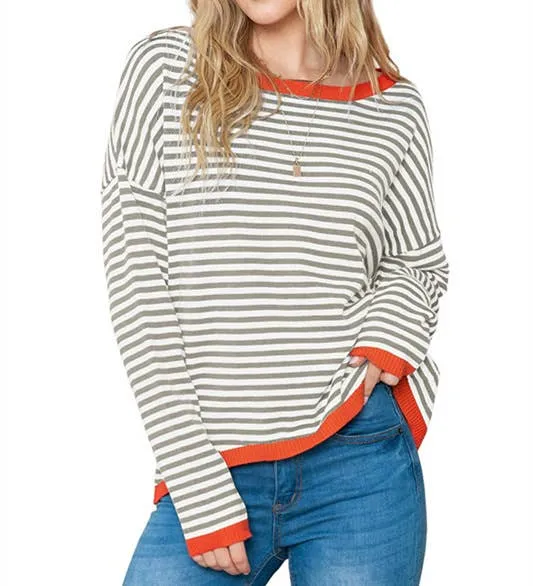 CWOSWL0811_ Long Sleeve Loose Neck Pullover Sweater: GREY / (S) 1