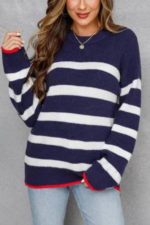 CWOSWL1709_Crew Neck Long Sleeve Striped Pullover Sweater: NAVY / (M) 1