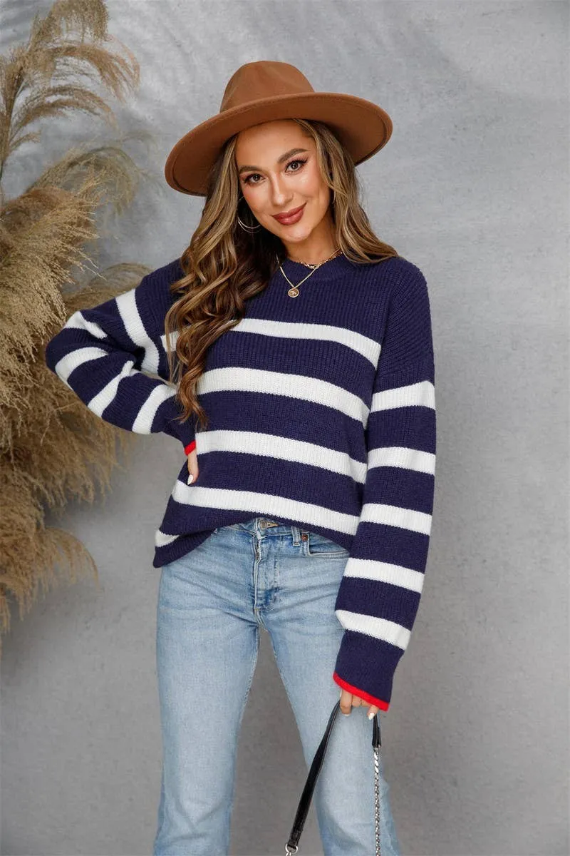 CWOSWL1709_Crew Neck Long Sleeve Striped Pullover Sweater: NAVY / (M) 1