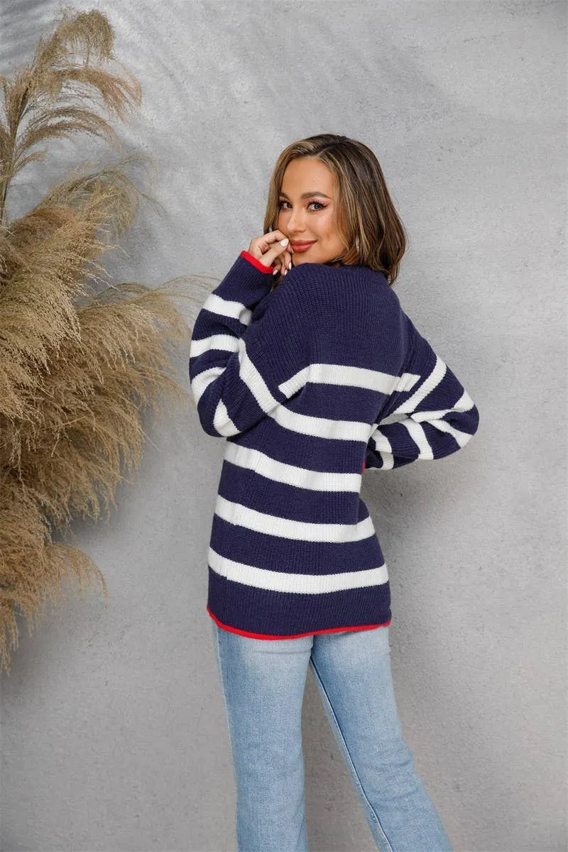 CWOSWL1709_Crew Neck Long Sleeve Striped Pullover Sweater: NAVY / (M) 1