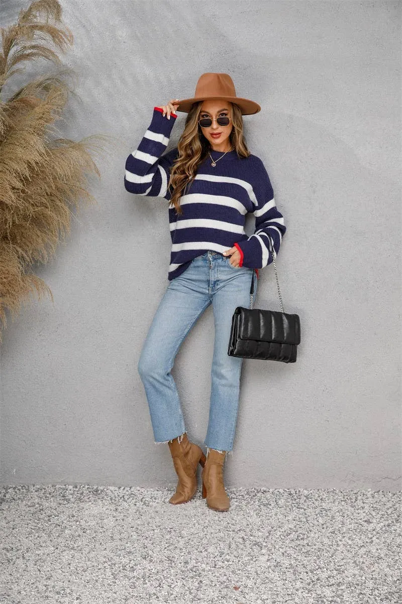 CWOSWL1709_Crew Neck Long Sleeve Striped Pullover Sweater: NAVY / (M) 1
