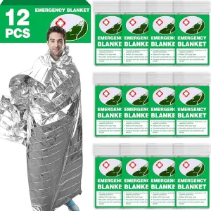 CXYARY 12 Pack Emergency Thermal Blanket Survival, 84” x 52” Mylar Blanket, Space Blanket, Silver Foil Blanket, Survival Kit Camping Blanket, Body Warmer Blanket for Outdoor, First Aid, Hiking