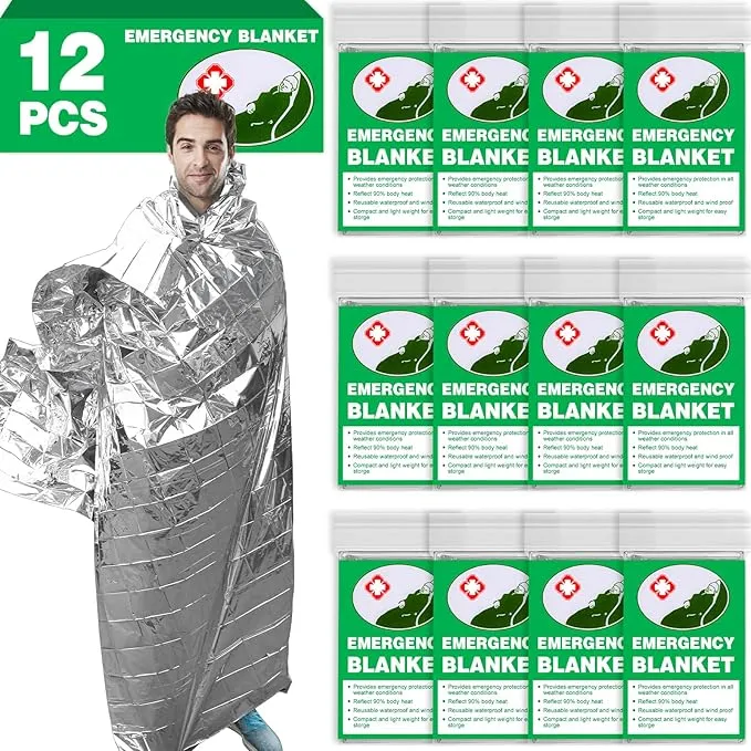 CXYARY 12 Pack Emergency Thermal Blanket Survival, 84” x 52” Mylar Blanket, Space Blanket, Silver Foil Blanket, Survival Kit Camping Blanket, Body Warmer Blanket for Outdoor, First Aid, Hiking