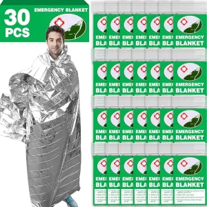 CXYARY 30 Pack Emergency Thermal Blanket Survival, 84” x 52” Mylar Blanket, Space Blanket, Silver Foil Blanket, Survival Kit Camping Blanket, Body Warmer Blanket for Outdoor, First Aid, Hiking