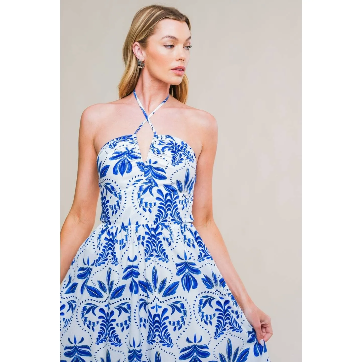 Danni Cobalt Printed Halter Maxi Dress