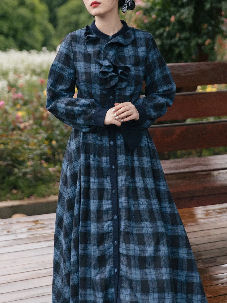 Dark Blue Plaid Ruffle 1950S Vintage Woolen Coat Swing Retro Dress