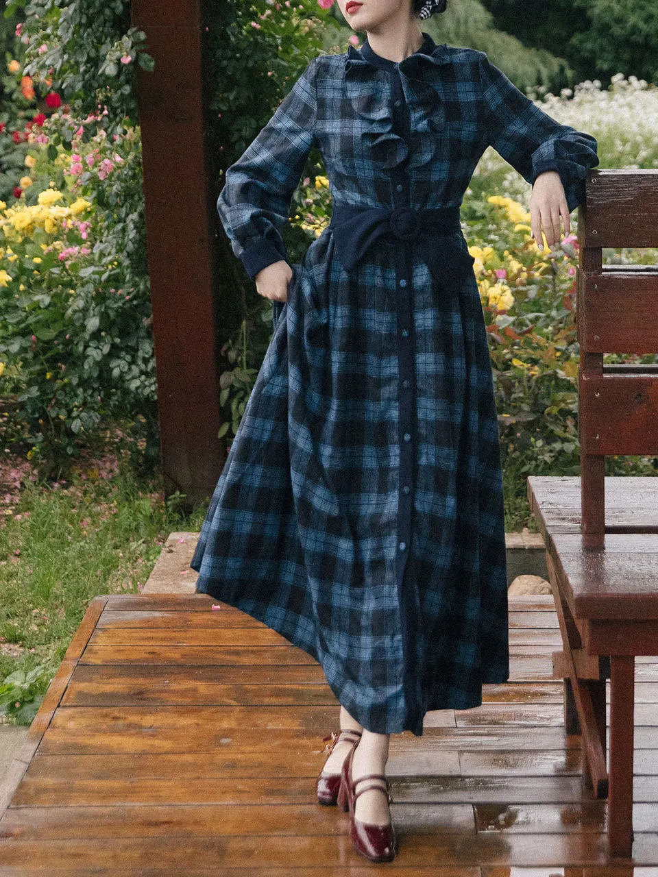 Dark Blue Plaid Ruffle 1950S Vintage Woolen Coat Swing Retro Dress