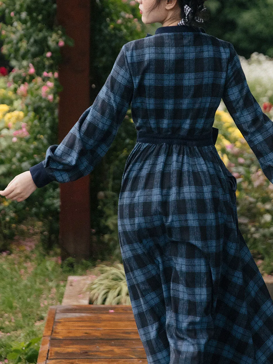 Dark Blue Plaid Ruffle 1950S Vintage Woolen Coat Swing Retro Dress