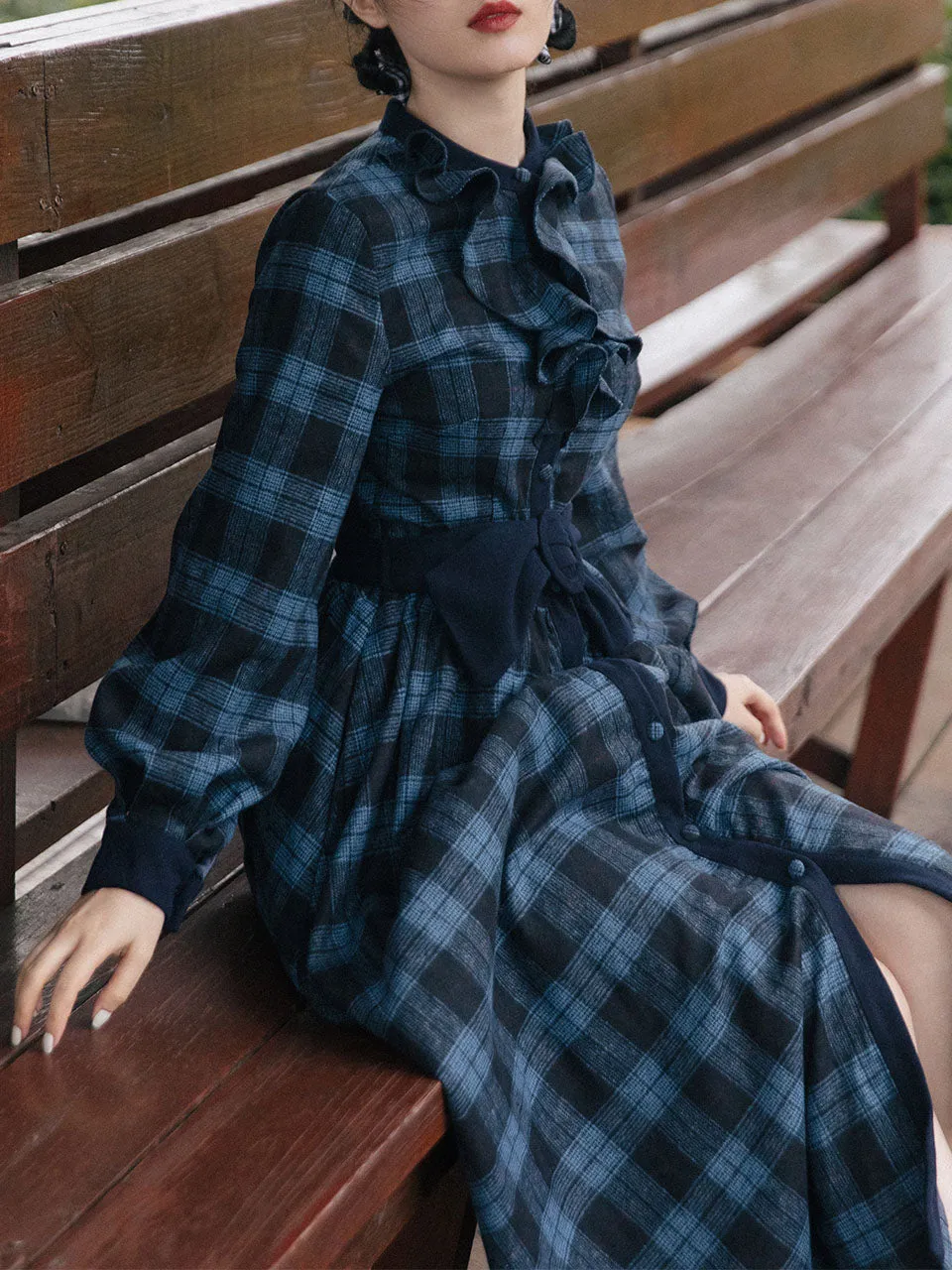 Dark Blue Plaid Ruffle 1950S Vintage Woolen Coat Swing Retro Dress