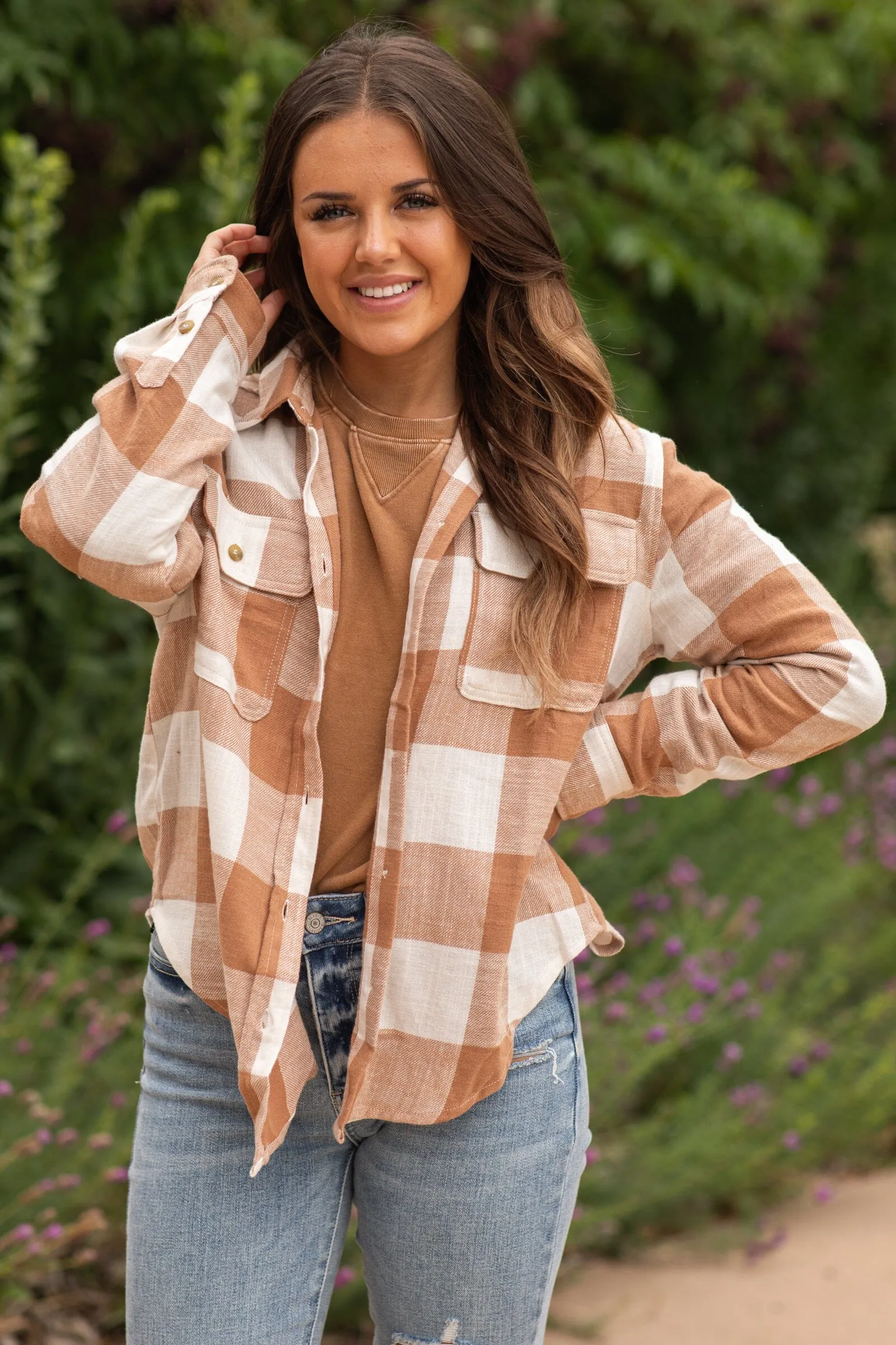 Dark Camel and Off White Plaid Button Up Top