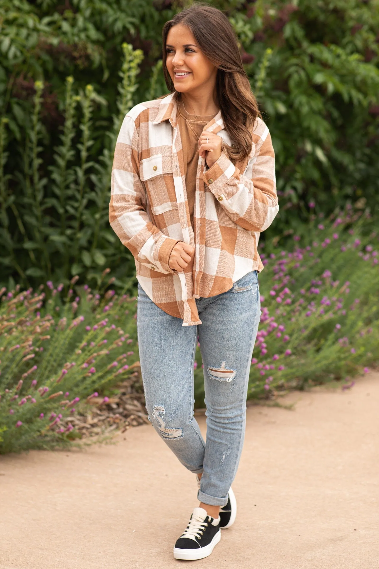 Dark Camel and Off White Plaid Button Up Top