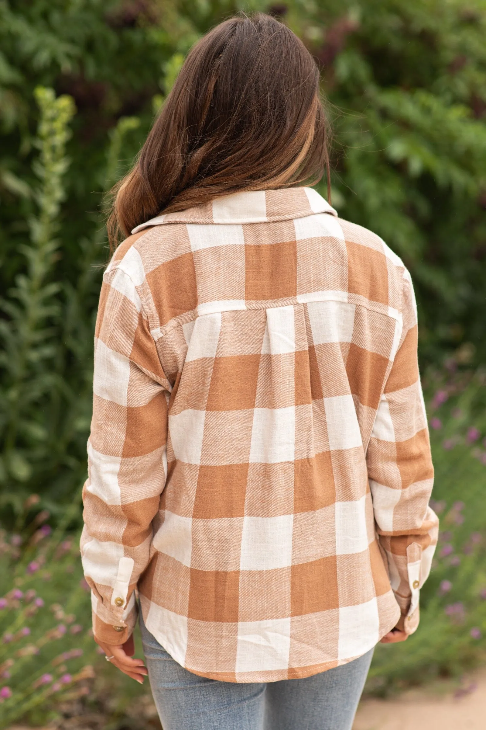 Dark Camel and Off White Plaid Button Up Top