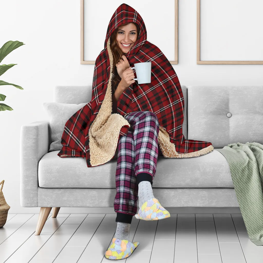 Dark Red, Black and White Tartan Plaid Hooded Blanket With Faux Sherpa Lining