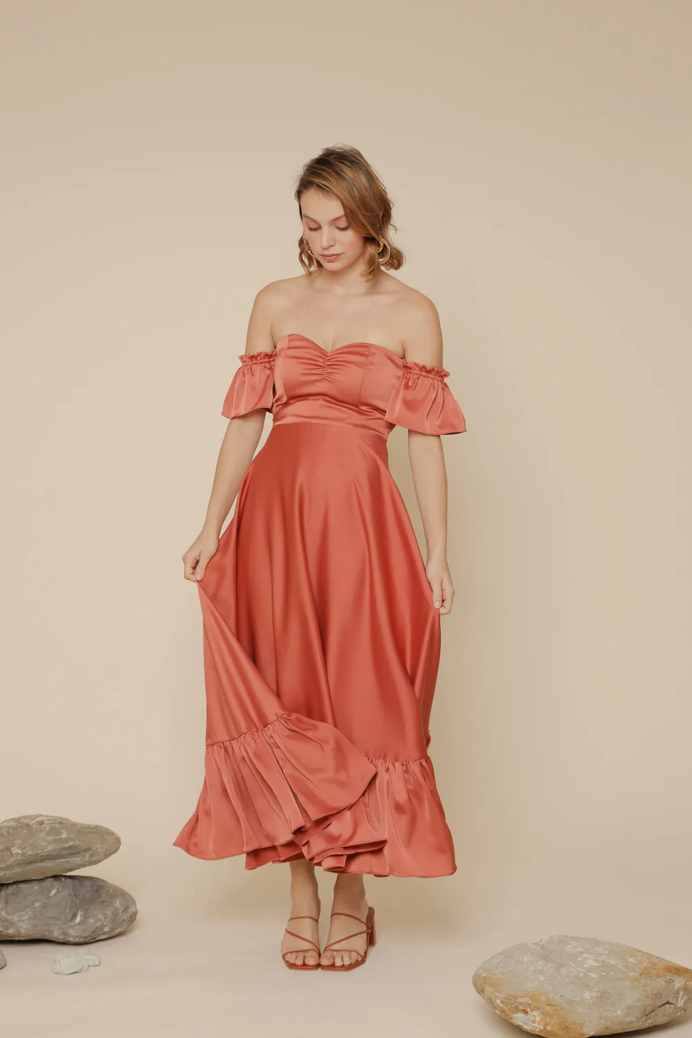 DELFINA Off Shoulder Midi Dress with Ruffled Hem (Rust Silk Crepe)