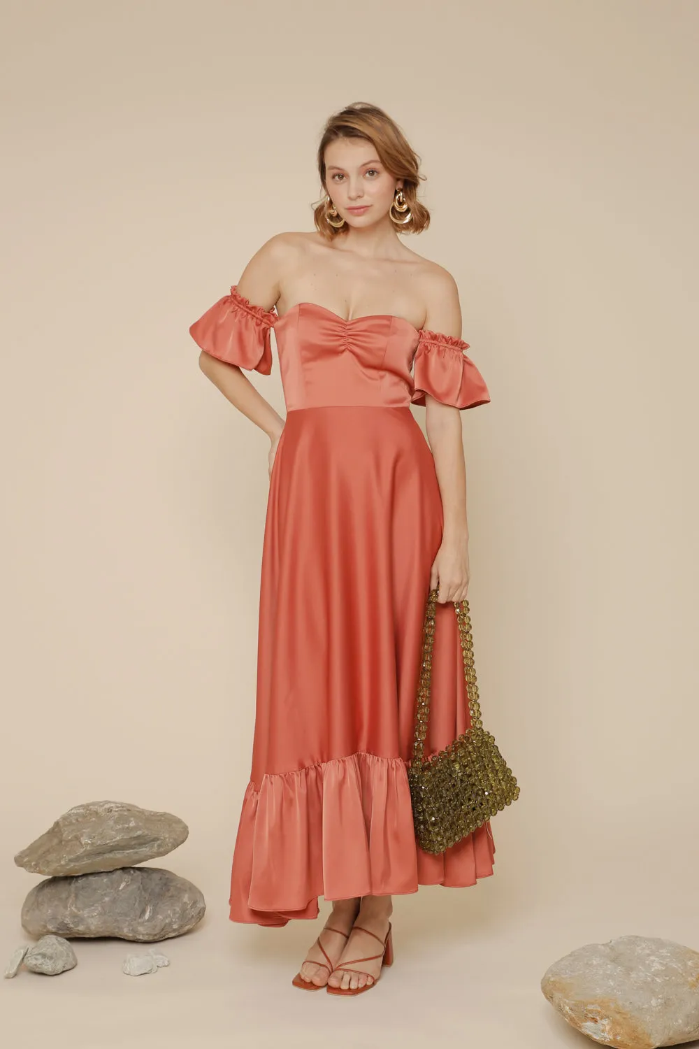 DELFINA Off Shoulder Midi Dress with Ruffled Hem (Rust Silk Crepe)