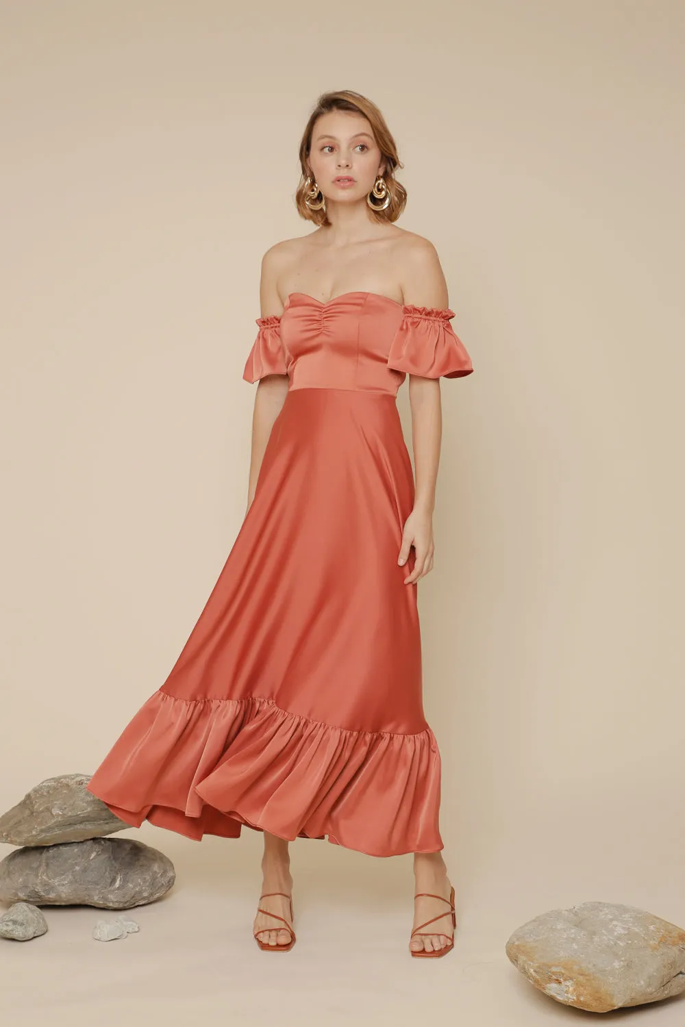DELFINA Off Shoulder Midi Dress with Ruffled Hem (Rust Silk Crepe)