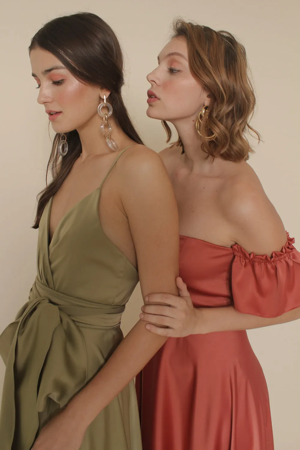 DELFINA Off Shoulder Midi Dress with Ruffled Hem (Rust Silk Crepe)