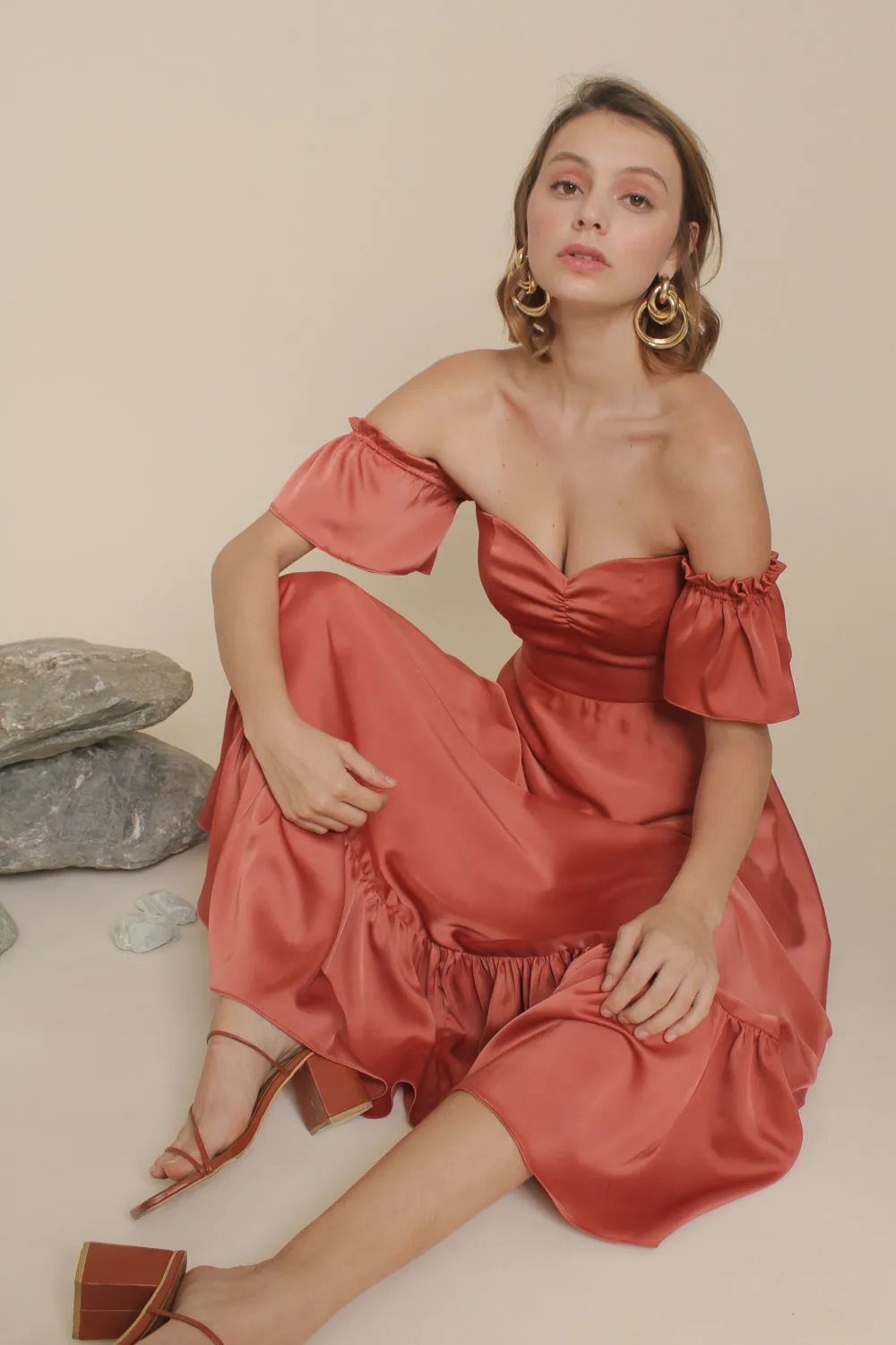 DELFINA Off Shoulder Midi Dress with Ruffled Hem (Rust Silk Crepe)