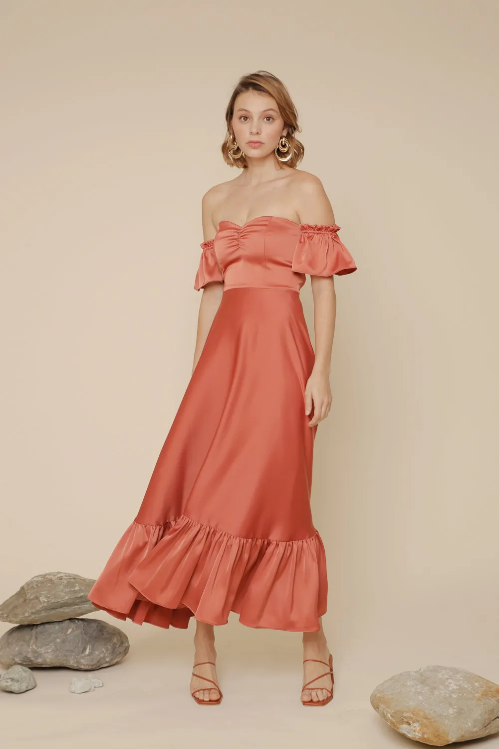 DELFINA Off Shoulder Midi Dress with Ruffled Hem (Rust Silk Crepe)