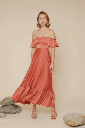 DELFINA Off Shoulder Midi Dress with Ruffled Hem (Rust Silk Crepe)