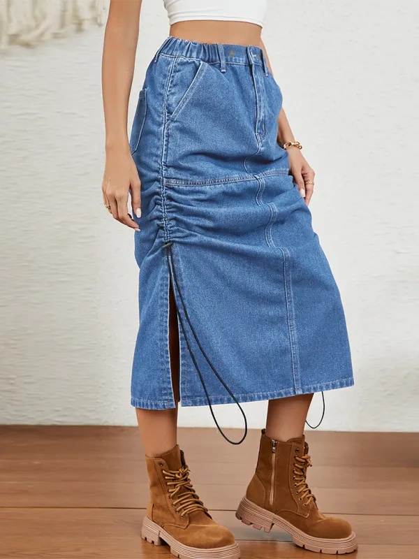 Denim Parachute Skirt with Ruched Side Detail