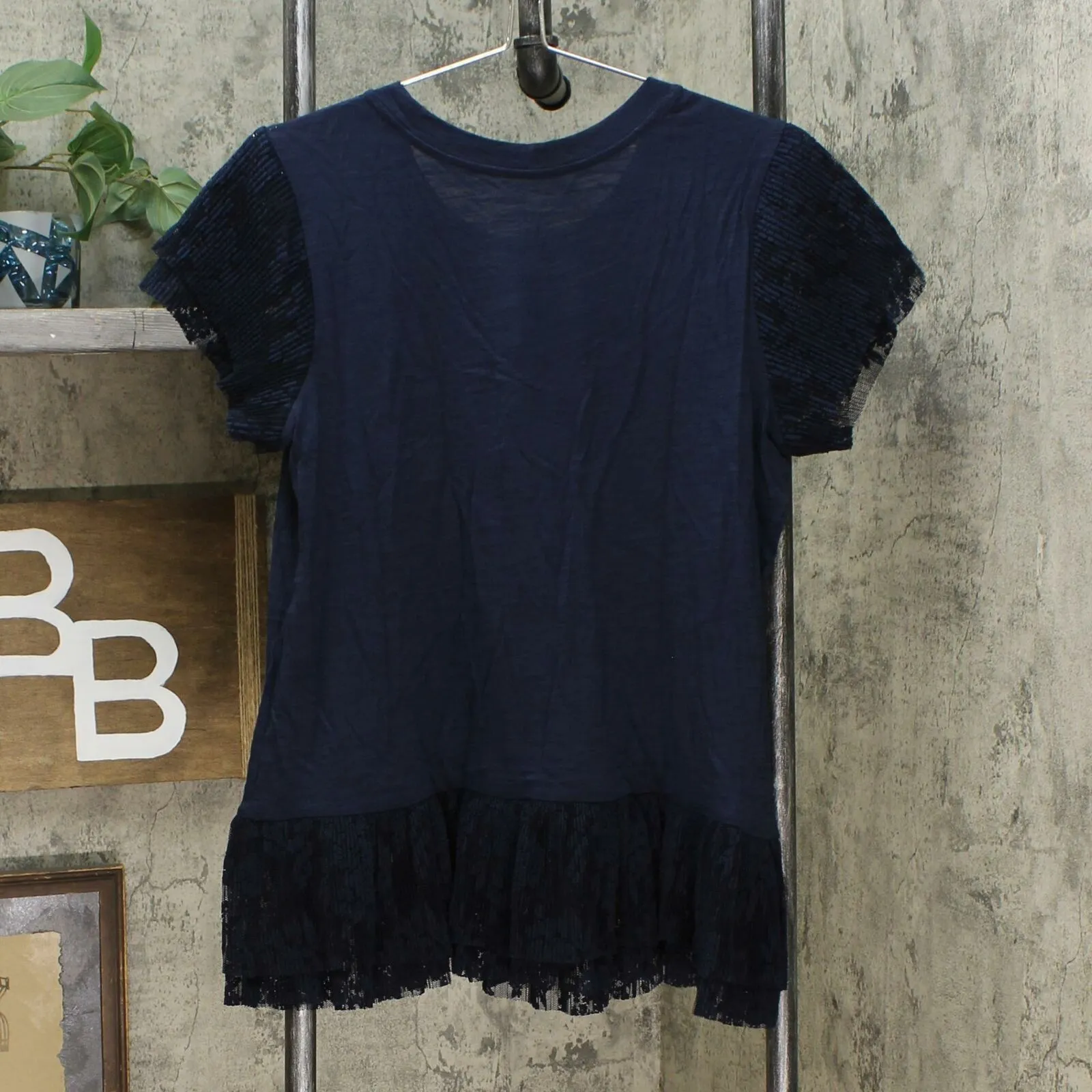 DG2 by Diane Gilman Women's Slub Knit Lace Detail Ruffle Top