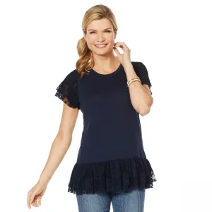DG2 by Diane Gilman Women's Slub Knit Lace Detail Ruffle Top