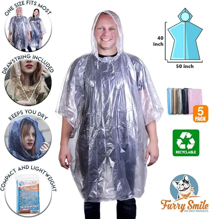 Disposable Rain Ponchos Family Pack for Adults and Teens - Lightweight Emergency Waterproof Rain Poncho for Women and Men with Drawstring Hood – Travel Rain Poncho- 5 Pack (Multi Color)