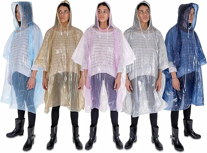 Disposable Rain Ponchos Family Pack for Adults and Teens - Lightweight Emergency Waterproof Rain Poncho for Women and Men with Drawstring Hood – Travel Rain Poncho- 5 Pack (Multi Color)
