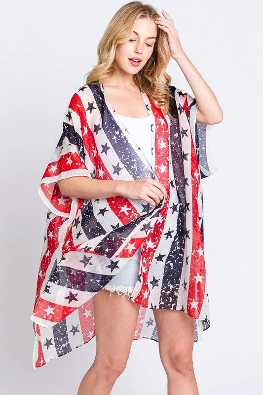 Distressed American Flag Mix Printed Light Kimono