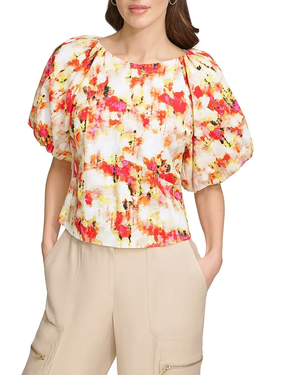 DKNY by Donna Karan Printed Linen Blend Crew Neck Short Puff Sleeve Top