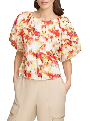 DKNY by Donna Karan Printed Linen Blend Crew Neck Short Puff Sleeve Top