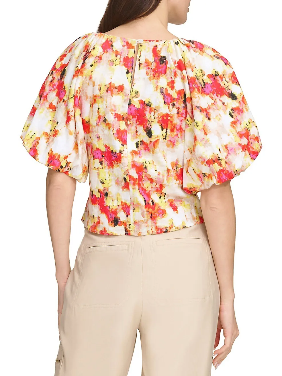 DKNY by Donna Karan Printed Linen Blend Crew Neck Short Puff Sleeve Top